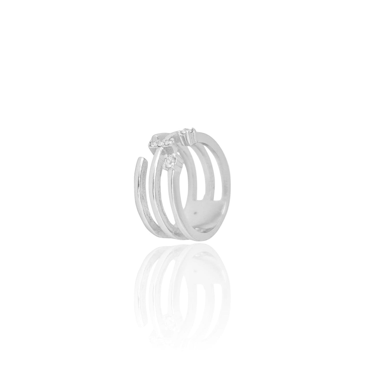 Anel Três Filetes Detalhes Cravejados Cristal Tamanho 16 Banho Branco