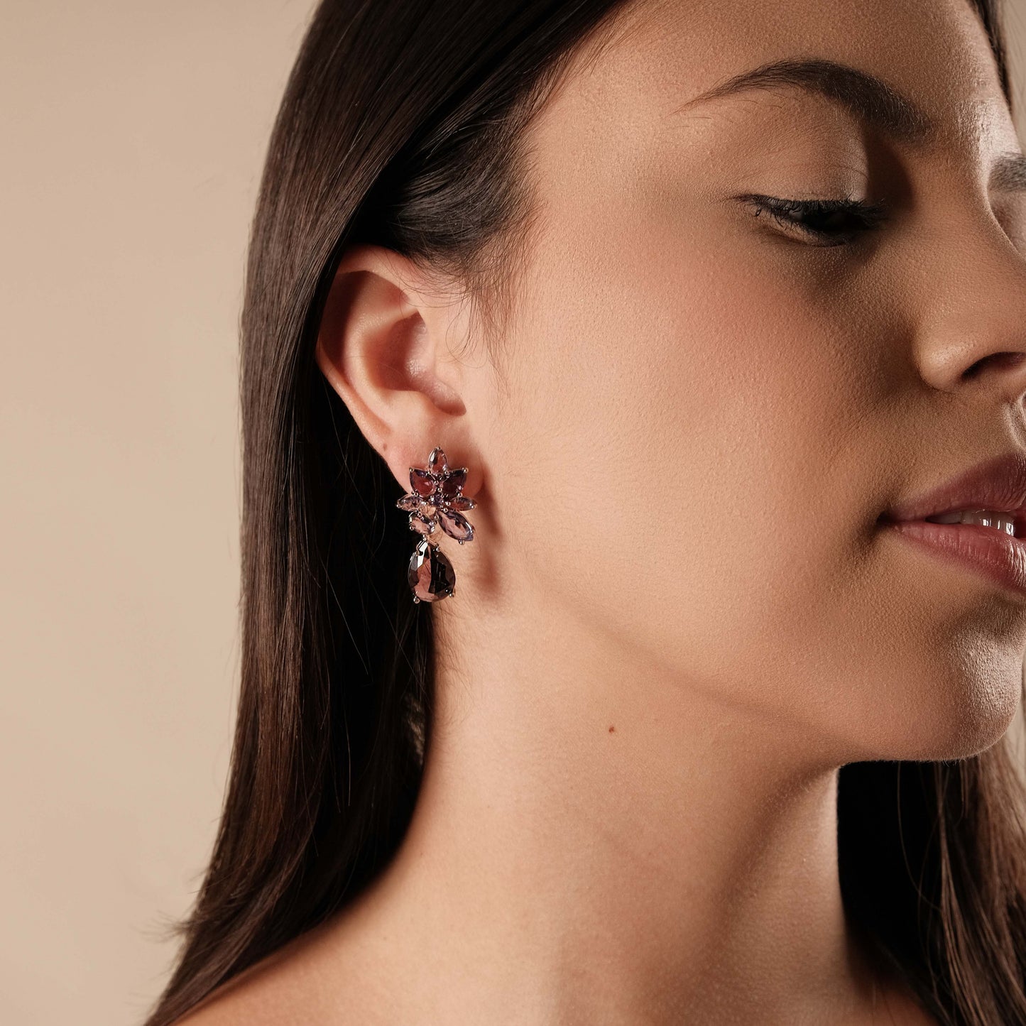 Brinco Gotas Ametista Banho Branco