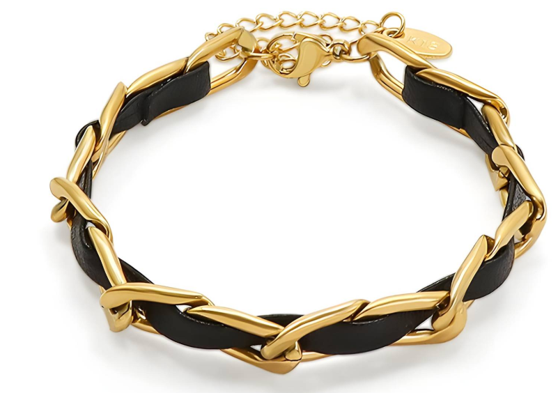 Pulseira entrelaçada couro preto aço inoxidável banhada a ouro 18K