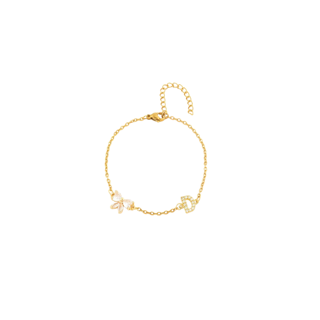 Pulseira Alfabeto zirconia - D - aço inoxidável