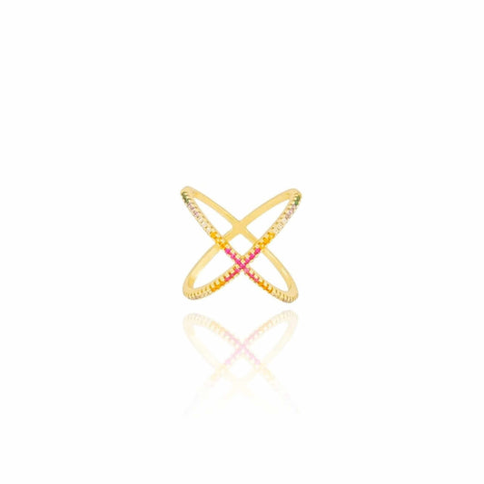 Anel X Cravejado Colorido Tamanho 19 Banho Ouro 18K