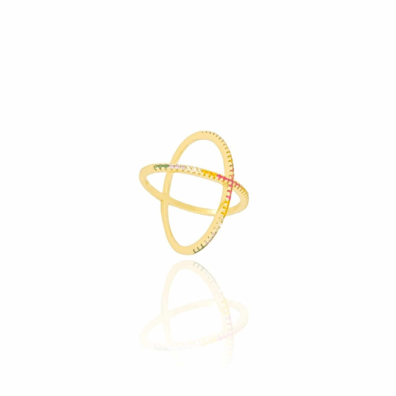 Anel X Cravejado Colorido Tamanho 19 Banho Ouro 18K