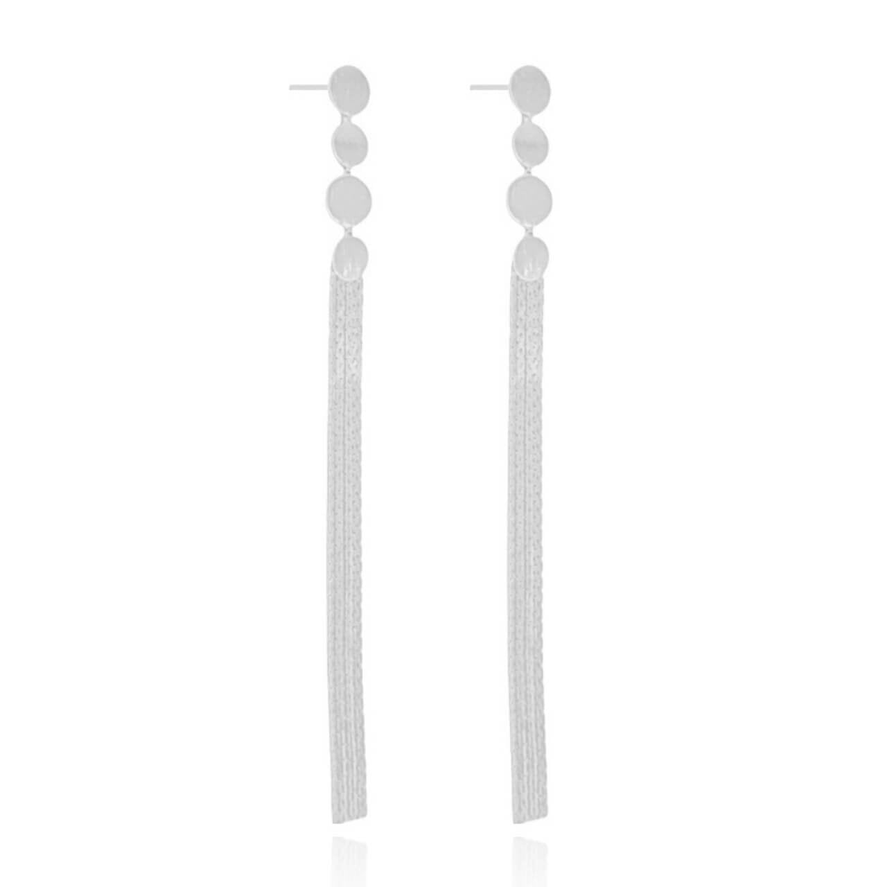 Brinco Franja Quatro Círculos Detalhes Banho Branco