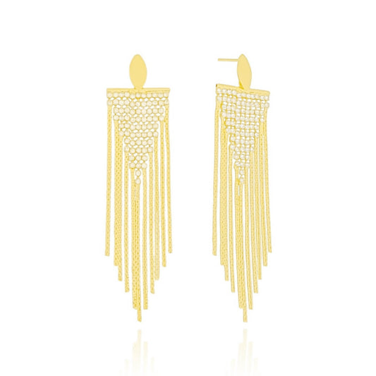 Brinco Base Oval Franja Cravejada Cristal Banho Dourado