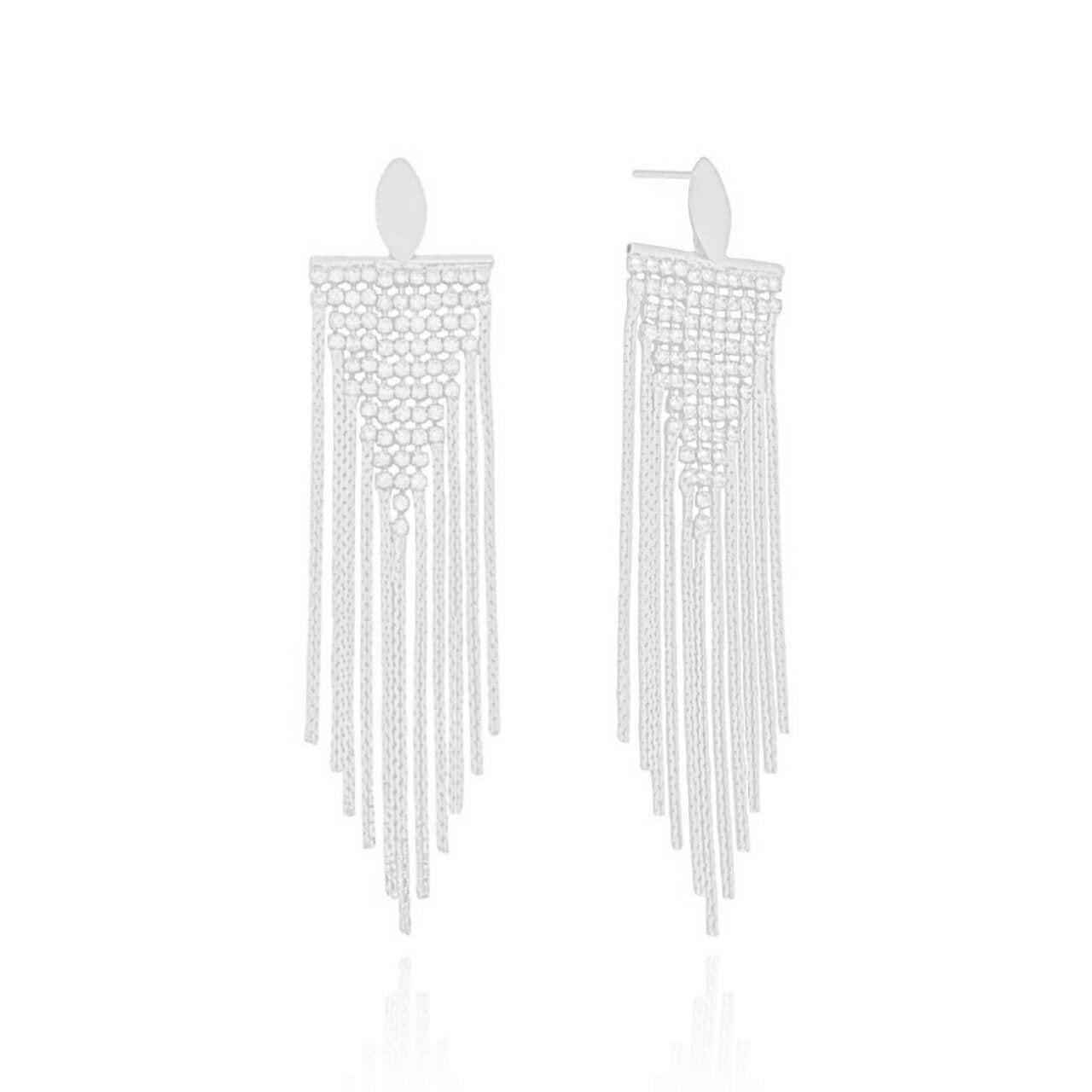 Brinco Base Oval Franja Cravejada Cristal Banho Branco