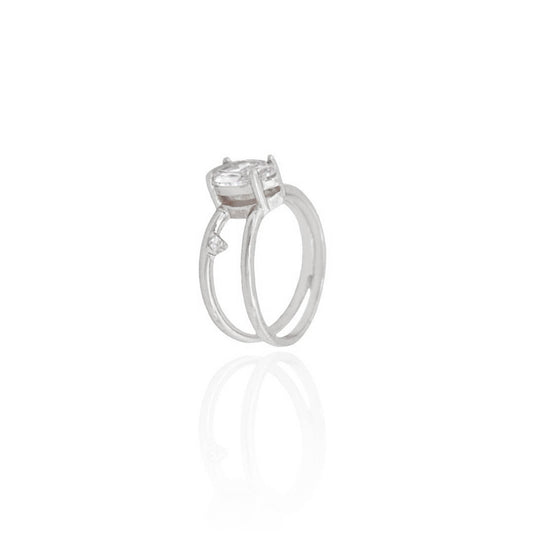 Bague Navete avec Point de Lumière Cristal Taille 21 Plaqué Rhodié Blanc