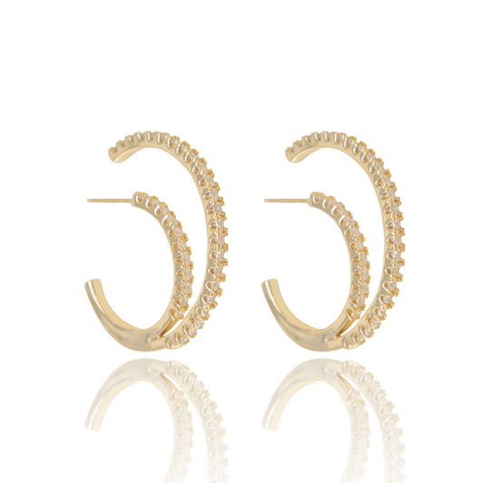Ear Hook Dois Filetes Cravejado Cristal Banho Ouro 18K