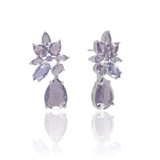 Brinco Gotas Ametista Banho Branco