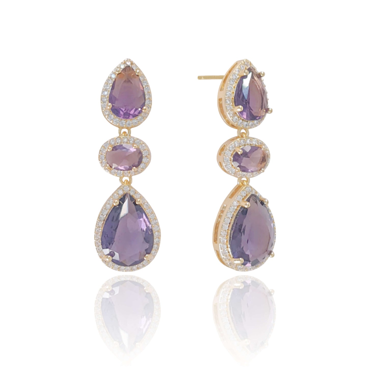 Brinco Gotas Oval Ametista Cravejado Zircônia Banho Dourado
