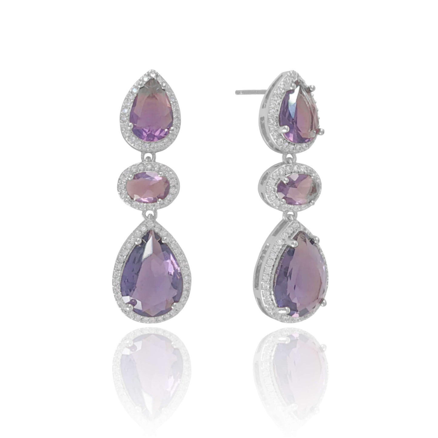 Brinco Gotas Oval Ametista Cravejado Zircônia Banho Branco