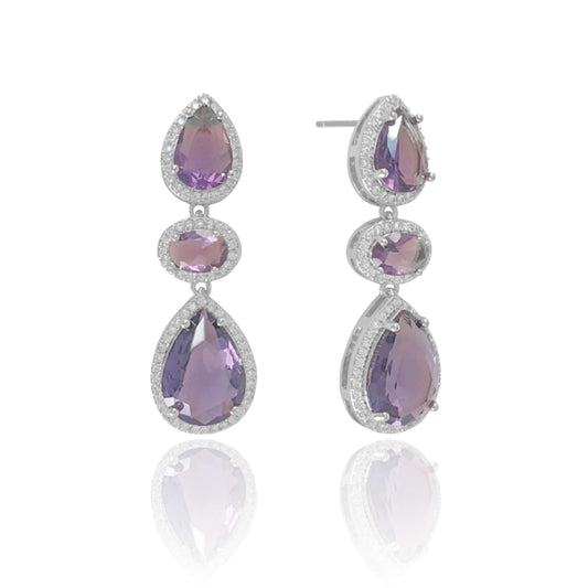 Brinco Gotas Oval Ametista Cravejado Zircônia Banho Branco