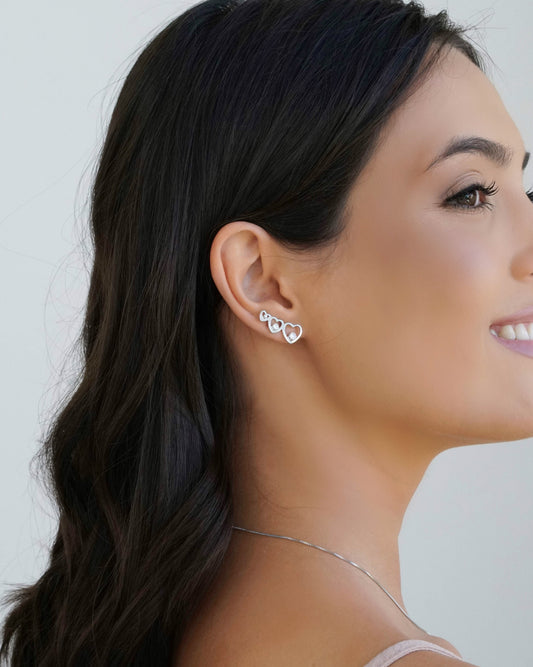 Ear Cuff Corações Pontos de Luz Cristal Ródio Branco