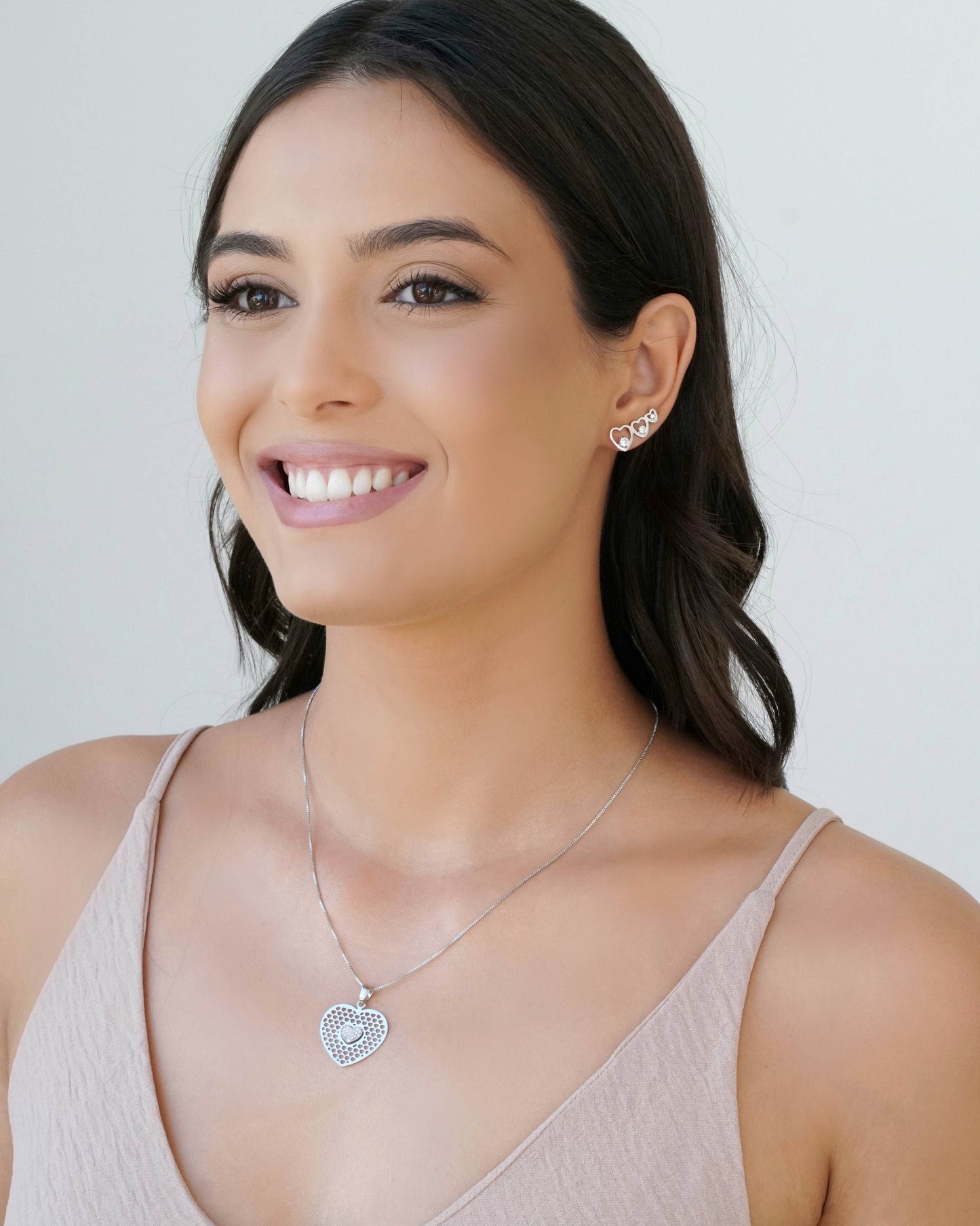 Ear Cuff Hearts Studded Rhodium White