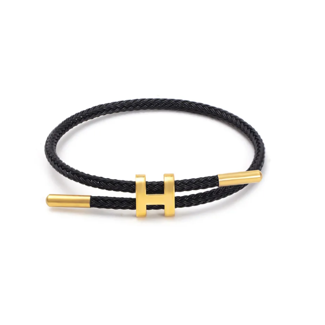 Pulseira cordão preto em aço inoxidável