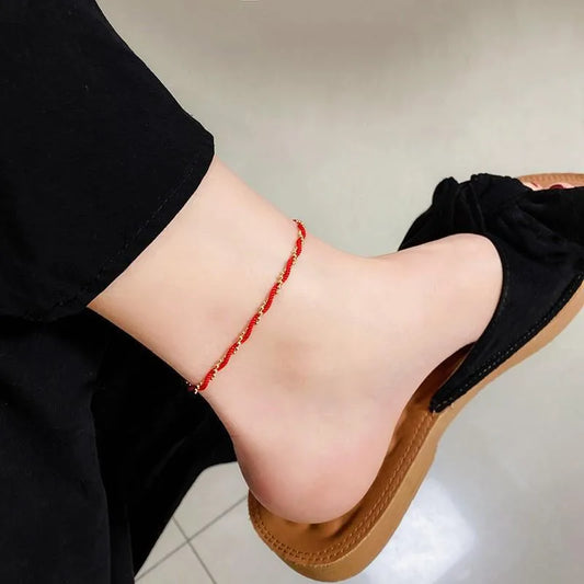 Tornozeleira bolinhas e fio vermelho - Aço Inoxidável