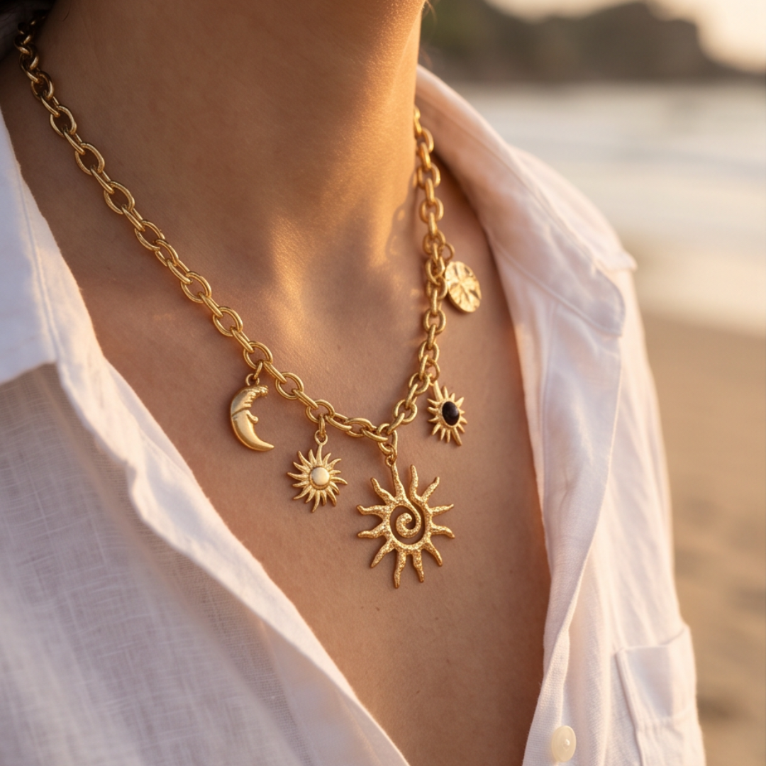 Colar pingentes tema  mar Banho Ouro 18K