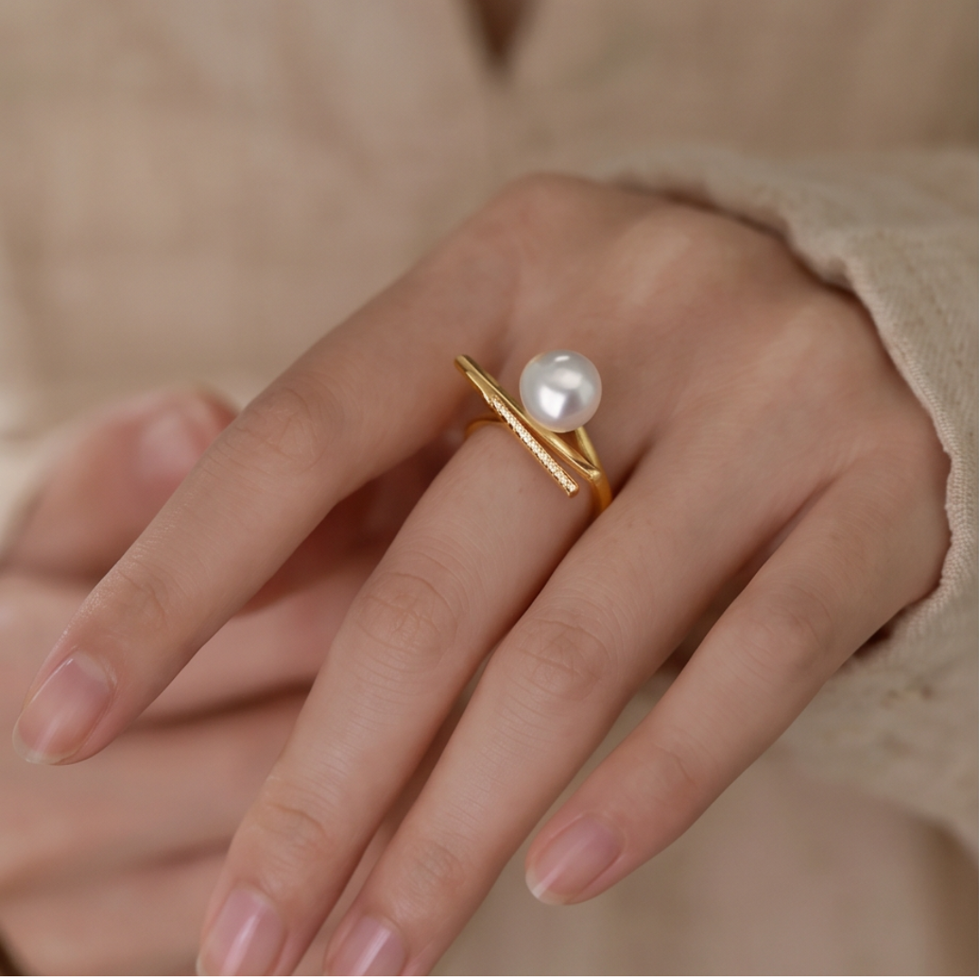 Anel Ajustável Pérolas naturais e zircônia - Banho Ouro 18K