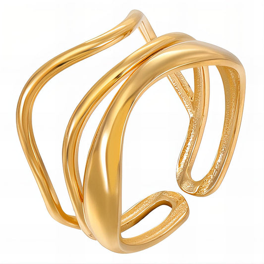 Anel vazado ondas aço inoxidável banhado a ouro 18K
