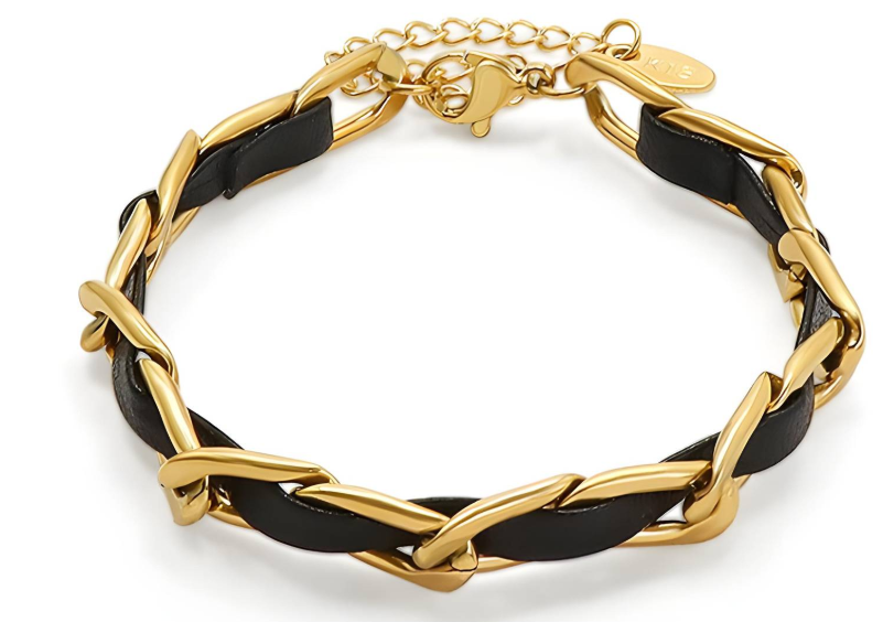 Pulseira entrelaçada  couro preto aço inoxidável banhada a ouro 18K