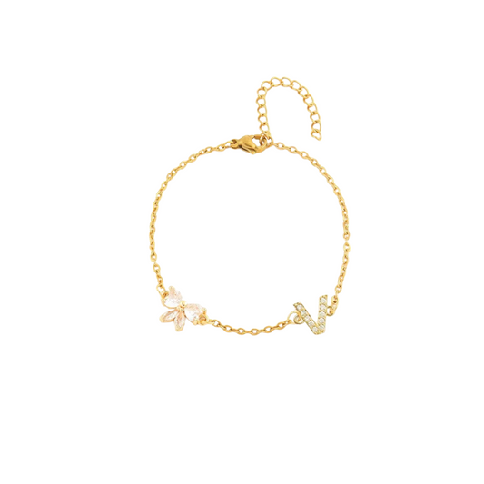 Pulseira Alfabeto zirconia - V -  aço inoxidável